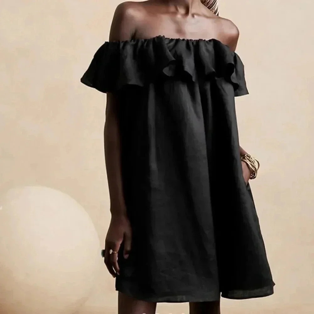NWT- Banana Republic Black Linen Off the Shoulder Dress